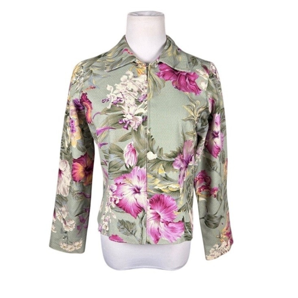Kaua'iana Hawaii Womens Small Tropical Floral Zip Front Cotton Jacket Sage Green